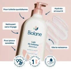 Lait de toilette douceur Biolane 750ml – nettoie sans rinçage visage corps siège bébé