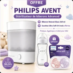Avent Stérilisateur Electrique à Vapeur 3en1 = Biberon Verre Natural 240ml + Sucettes Ultra Soft 0-6M Offertes
