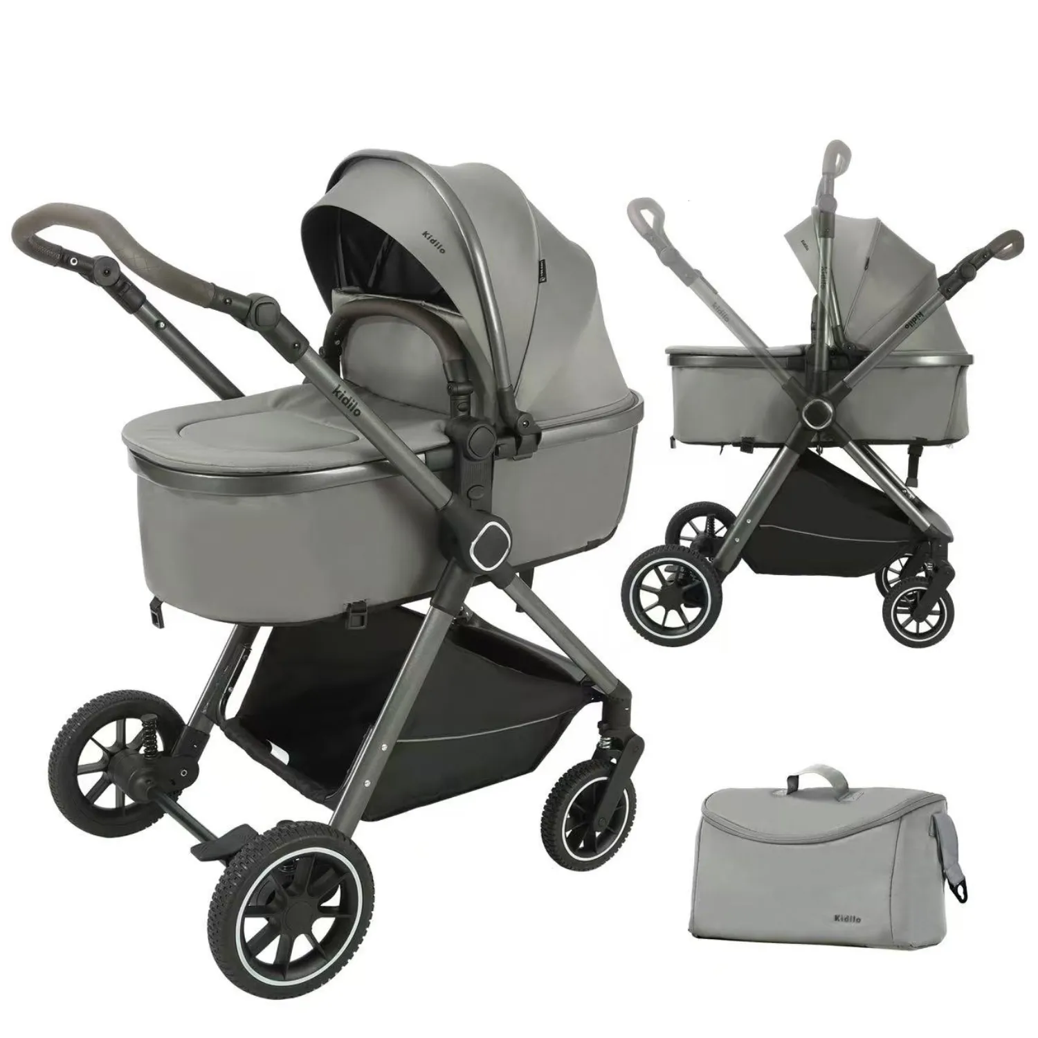 Poussette Kidilo 2 en 1 – capote grande taille panier rangement grise