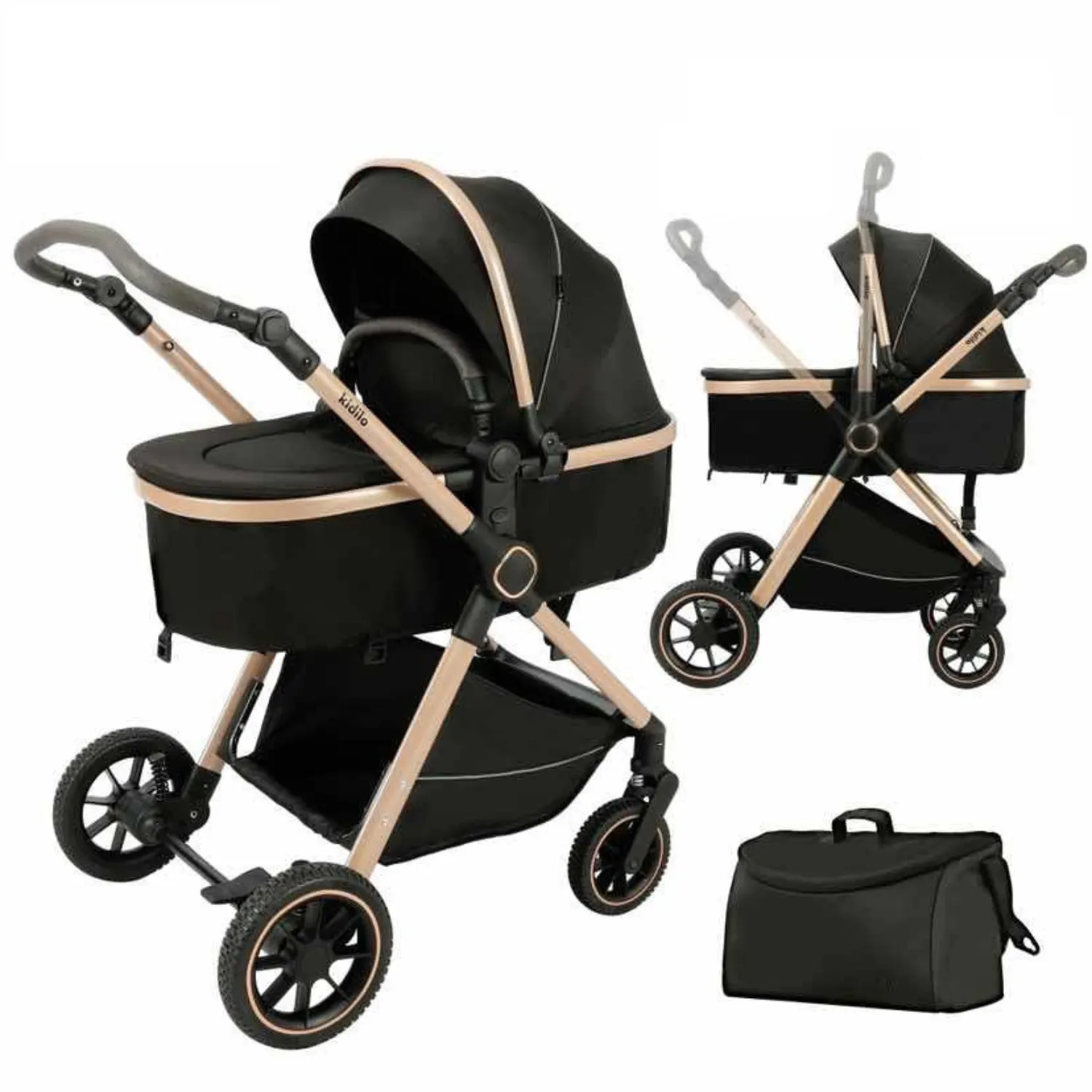 Poussette Kidilo 2 en 1 – capote grande taille panier rangement noir