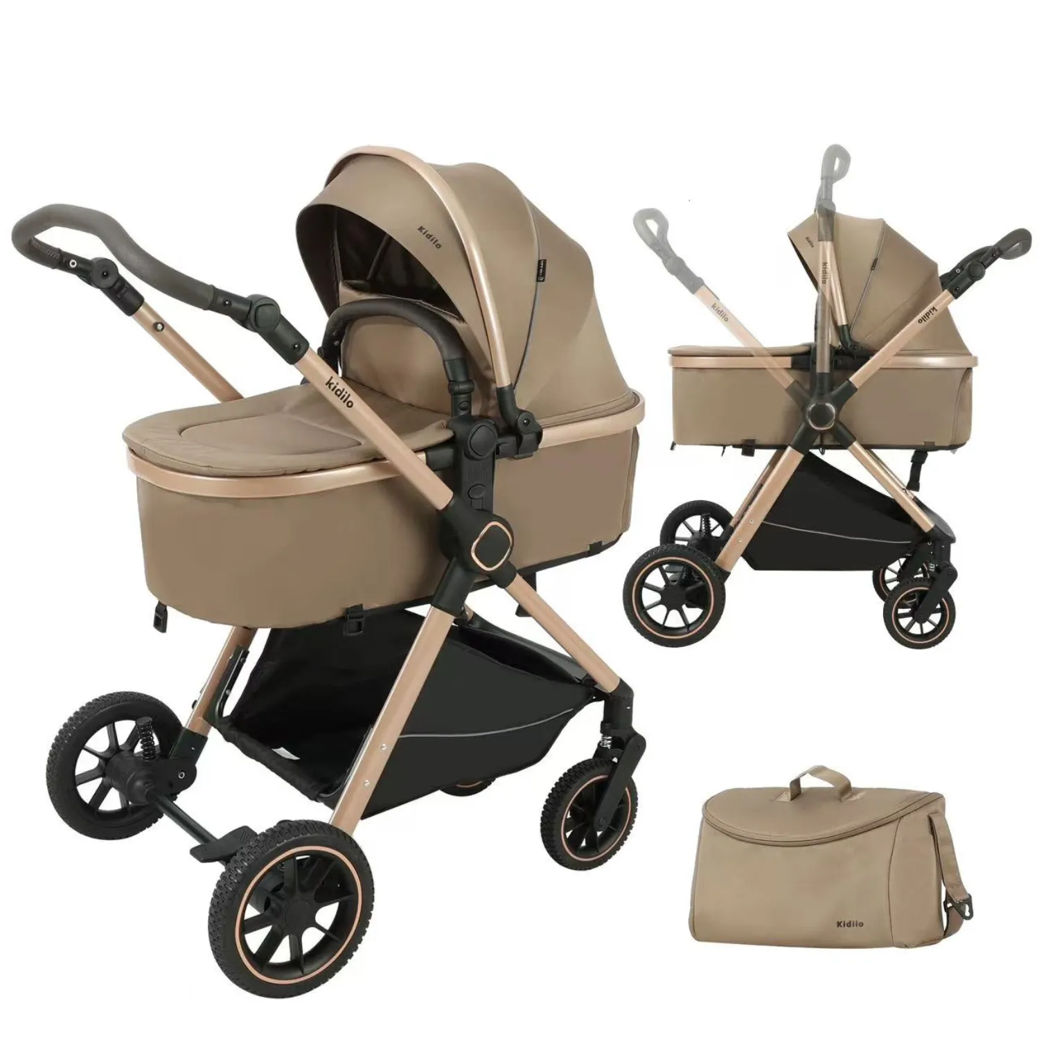 Kidilo Poussette Réversible 2 en 1 avec Nacelle et Sac – Dès la naissance beige