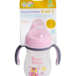 Tasse transition Notre Bébé bleue bec tétine silicone souple valve anti-fuite rose