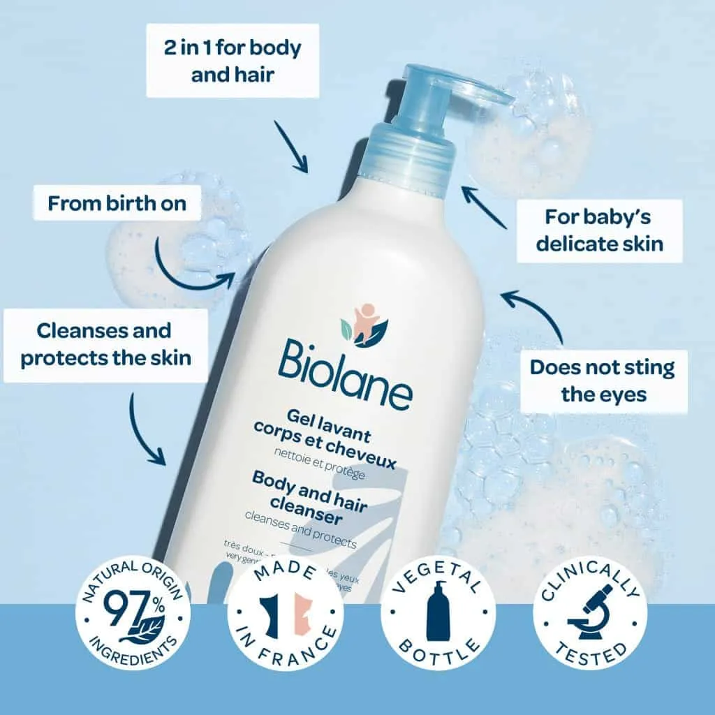 Gel douche bébé Biolane corps cheveux – agent surgraissant végétal sans tiraillement