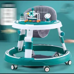 3 en 1Trotteur Bébé, Trotteur Marche Bébé Pliable, Réglable en Hauteur, Anti-renversemen avec Roues Silencieuses à 360°,Plateau Repas et Plateau vert turquoise