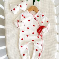Ensemble Grenouillère et Bonnet Bébé Motif Cœur – 100% Coton Léger