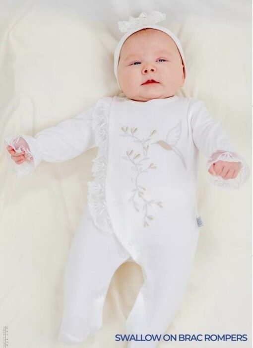 Grenouillère Bébé en Dentelle Broderie avec Bandeau Offert
