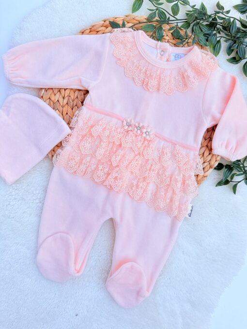 Grenouillère bébé velours dentelle : Chaud, chic, coton bio