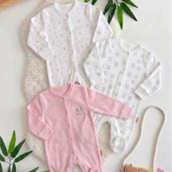 Lot de 3 Grenouillères en Coton Fille – Motifs Ludiques et Ouverture Facile