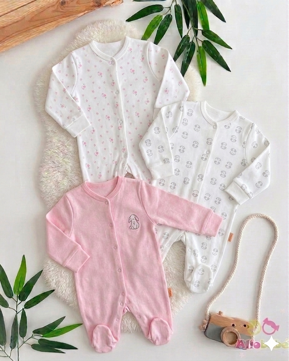 Lot de 3 Grenouillères en Coton Fille – Motifs Ludiques et Ouverture Facile