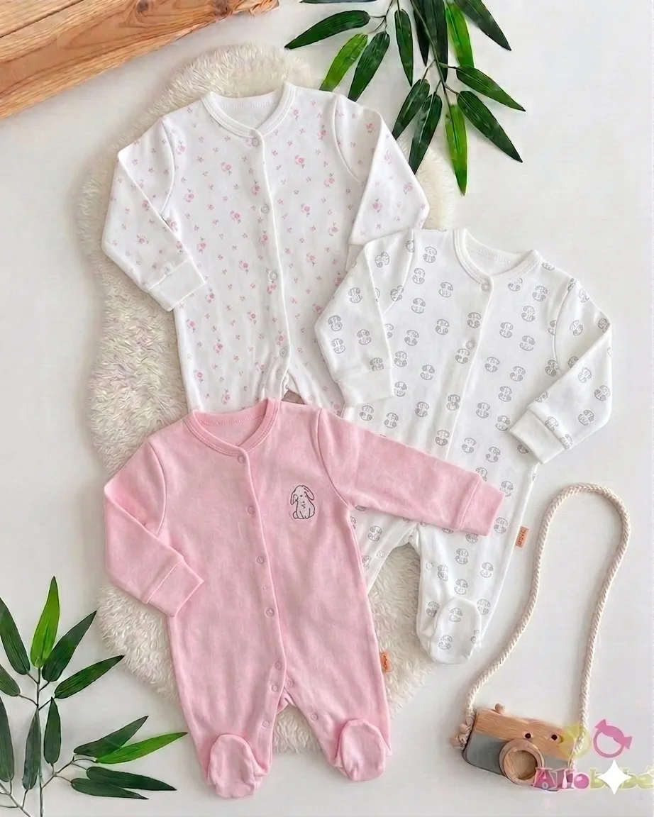 Lot de 3 Grenouillères en Coton Fille – Motifs Ludiques et Ouverture Facile