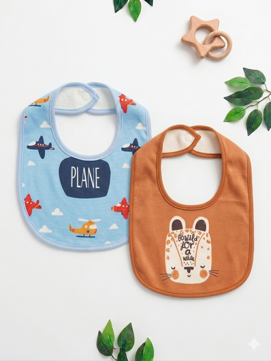 Lot de 2 Bavoirs Bébé Motifs Ludiques – Coton Doux et Protection Imperméable