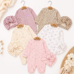 Grenouillère Bébé Fille en Coton Doux avec Bonnet à Nœud Assorti 0-3 mois