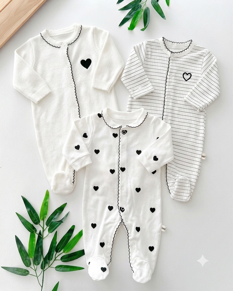 Lot de 3 Grenouillères Bébé – Motifs « Cœur » Assortis – 100% Coton Pur – Ouverture Facile