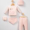 Ensemble Naissance 5 Pcs en Velours Motif Fille - Bonnet Moufles et Bavoir