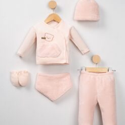 Ensemble Naissance 5 Pcs en Velours Motif Fille - Bonnet Moufles et Bavoir
