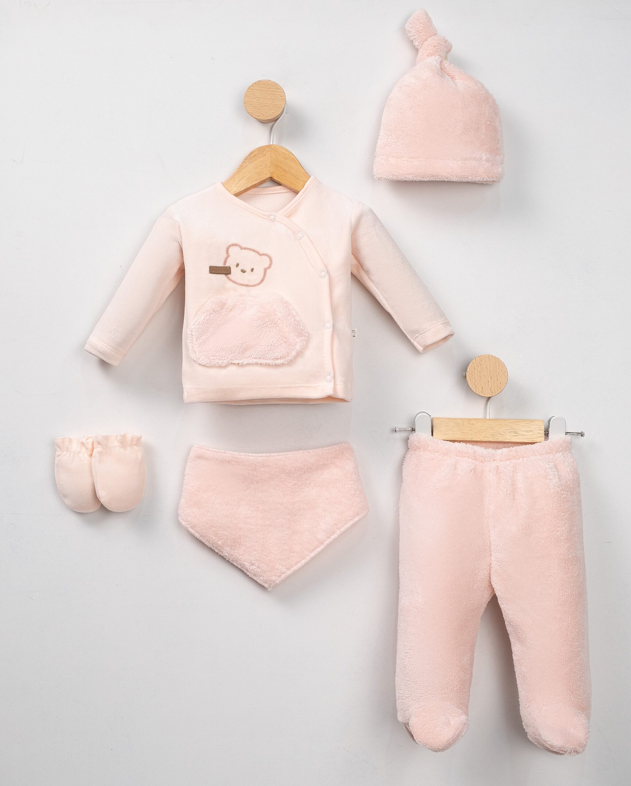 Ensemble Naissance 5 Pcs en Velours Motif Fille - Bonnet Moufles et Bavoir