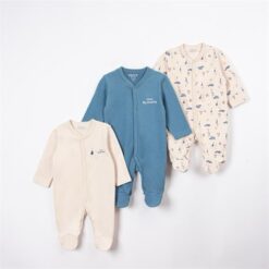 Lot de 3 Grenouillères Tissu Douceur 100% Coton - Motif Bleu