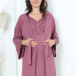 Pyjama grossesse et allaitement long avec peignoir vieux rose