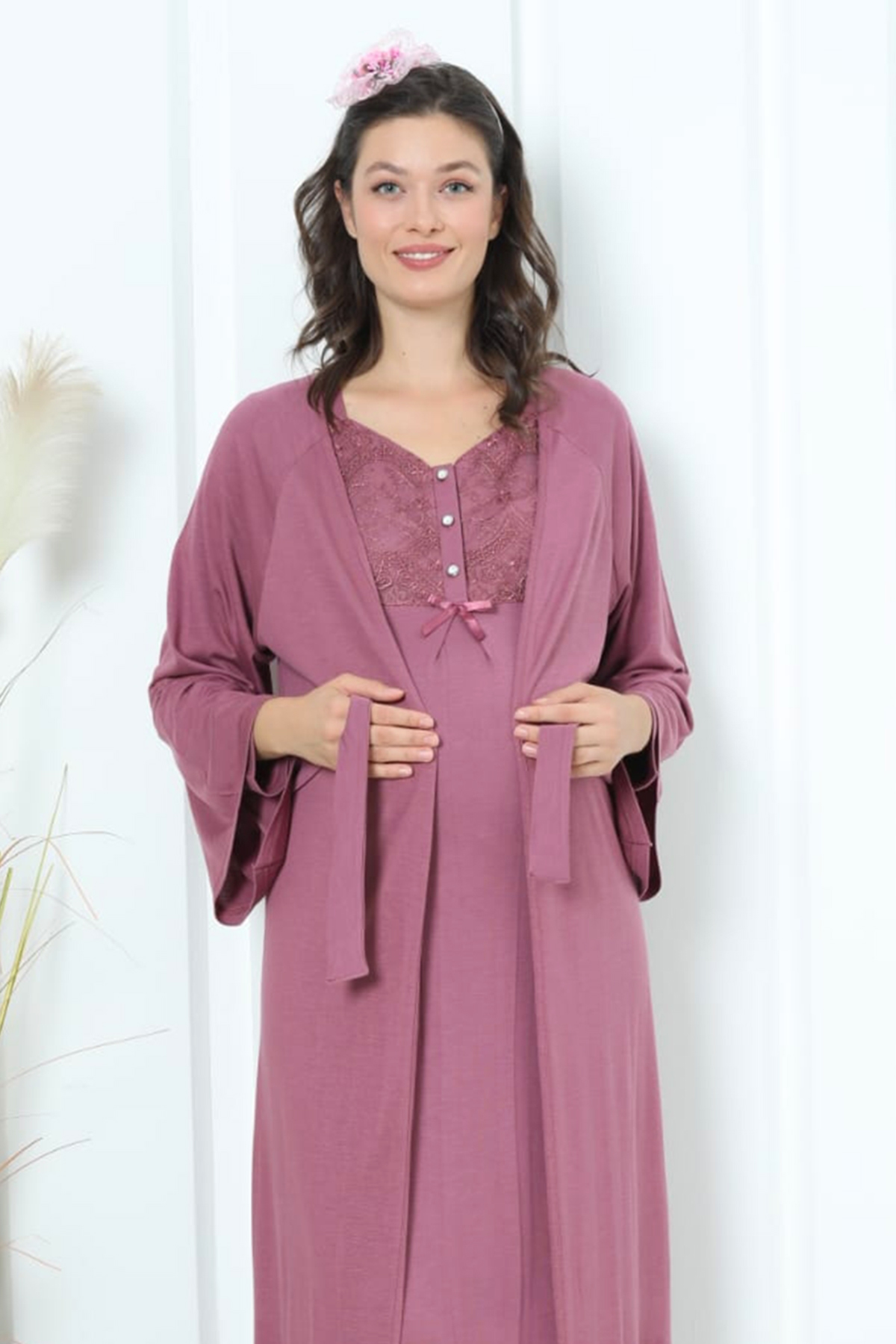 Pyjama grossesse et allaitement long avec peignoir vieux rose