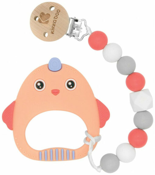 Attache sucette avec anneau de dentition en silicone orange Oiseau  - Kikkaboo