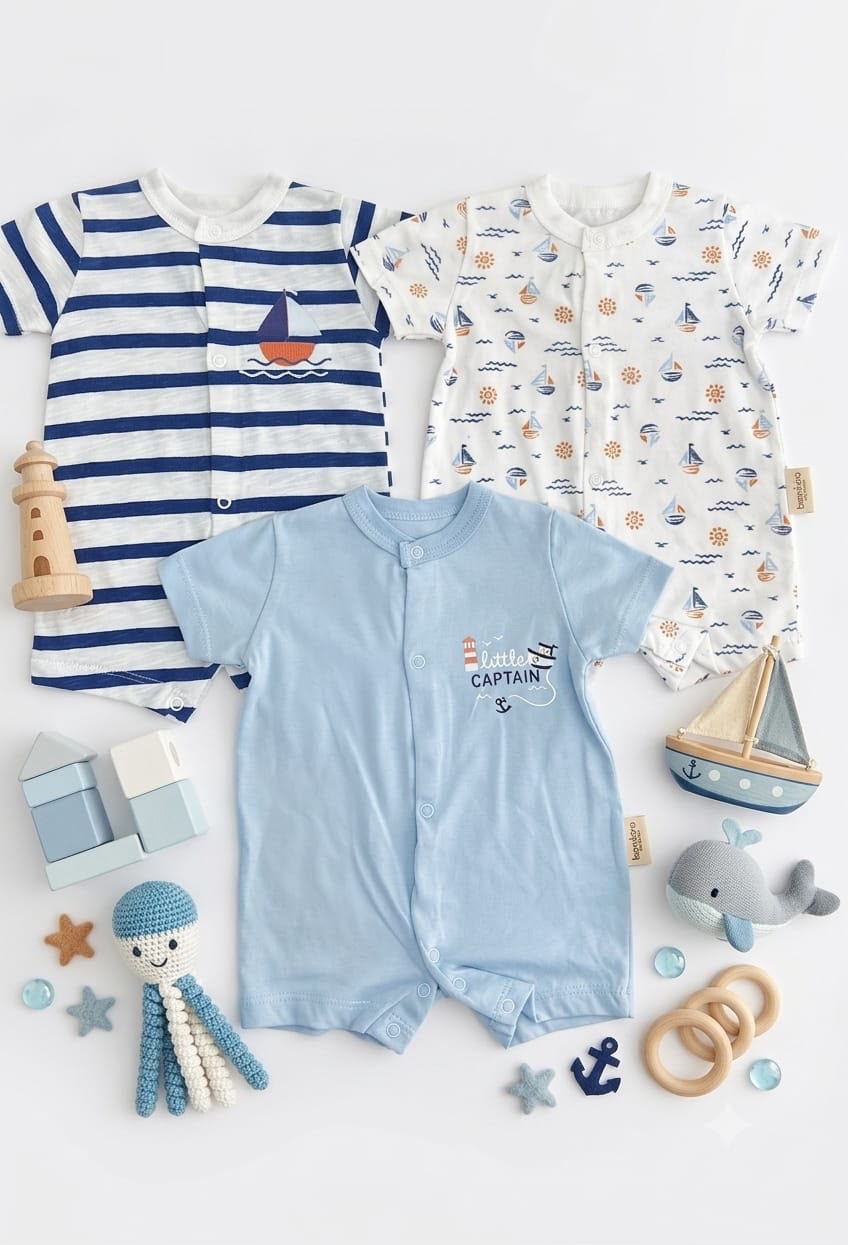 Lot de 3 Barboteuses Bébé en Coton – Douceur Marine