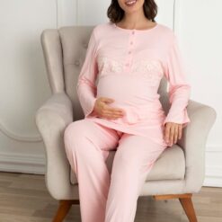Pyjama grossesse et allaitement avec peignoir Rose