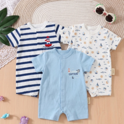 Lot de 3 Barboteuses Bébé en Coton – Douceur Marine