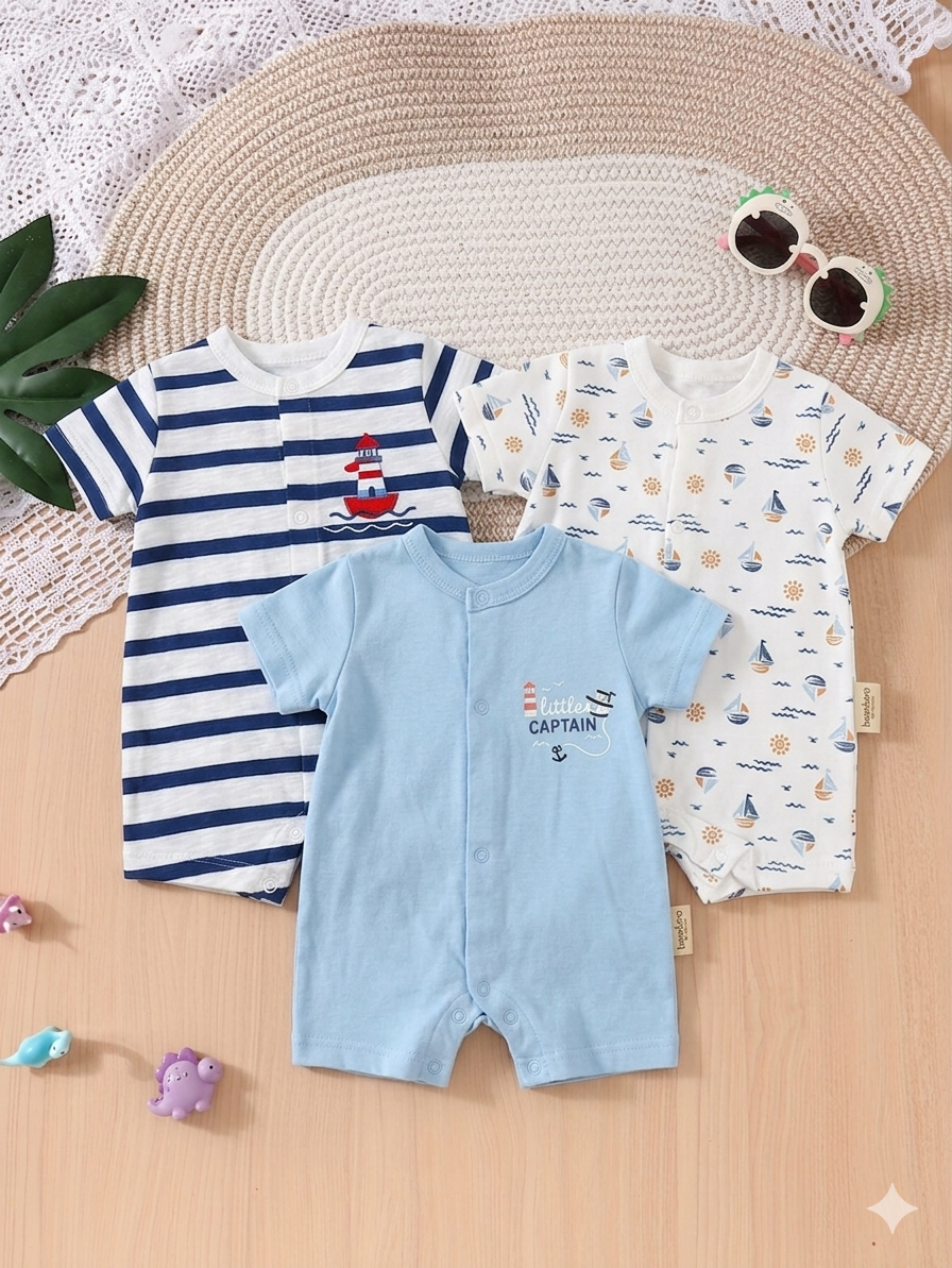 Lot de 3 Barboteuses Bébé en Coton – Douceur Marine
