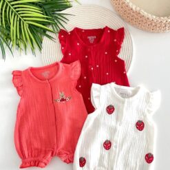 Lot de 3 Barboteuses en Coton Douces Confortables et Faciles à Porter - Red love
