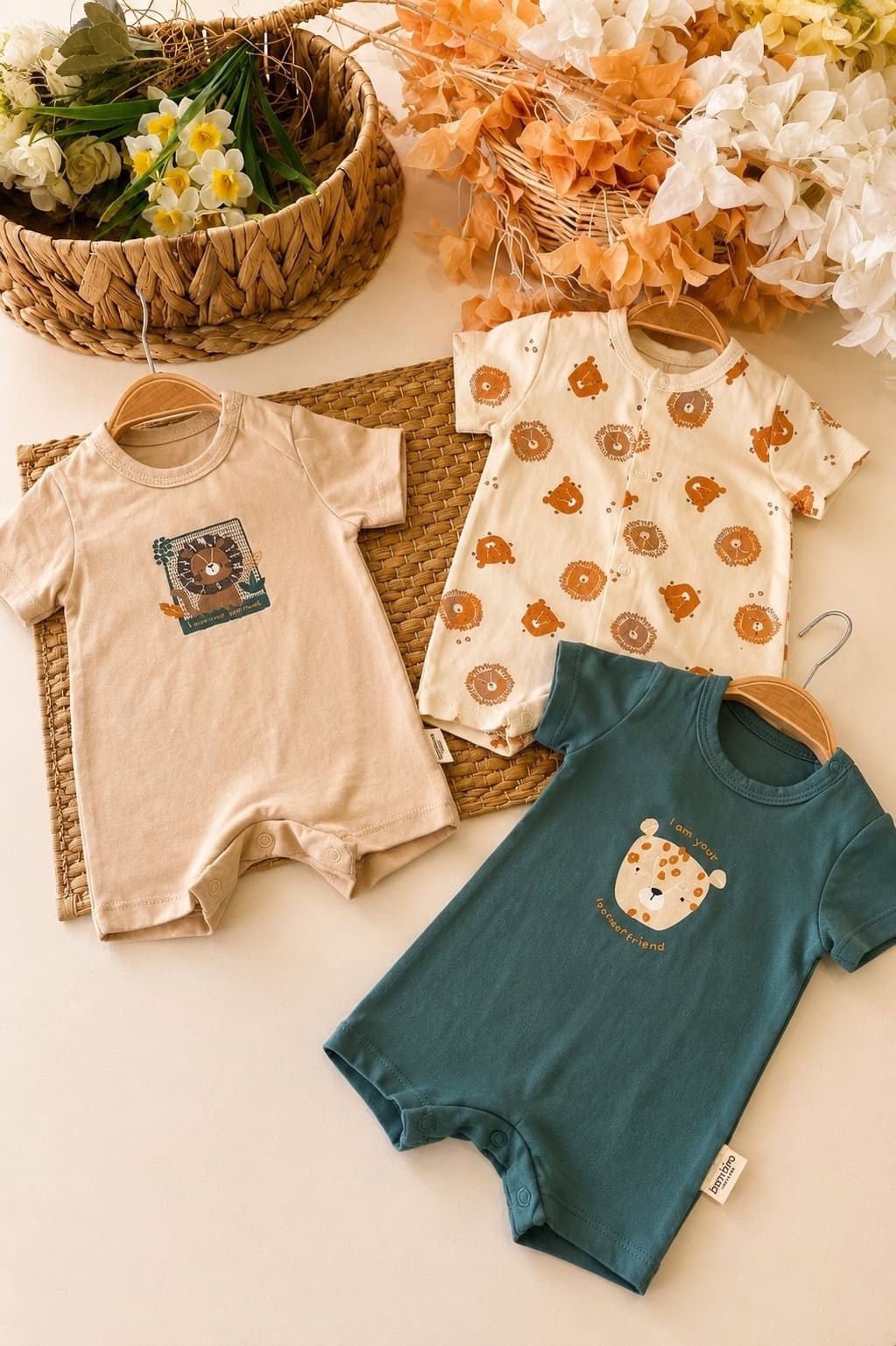 Lot de 3 Barboteuses Bébé en Coton – Motif Savane