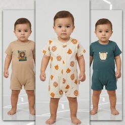 Lot de 3 Barboteuses Bébé en Coton – Motif Savane