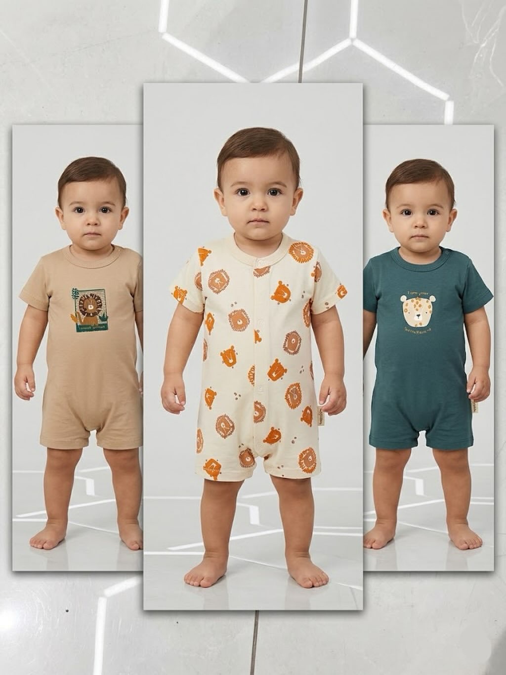 Lot de 3 Barboteuses Bébé en Coton – Motif Savane