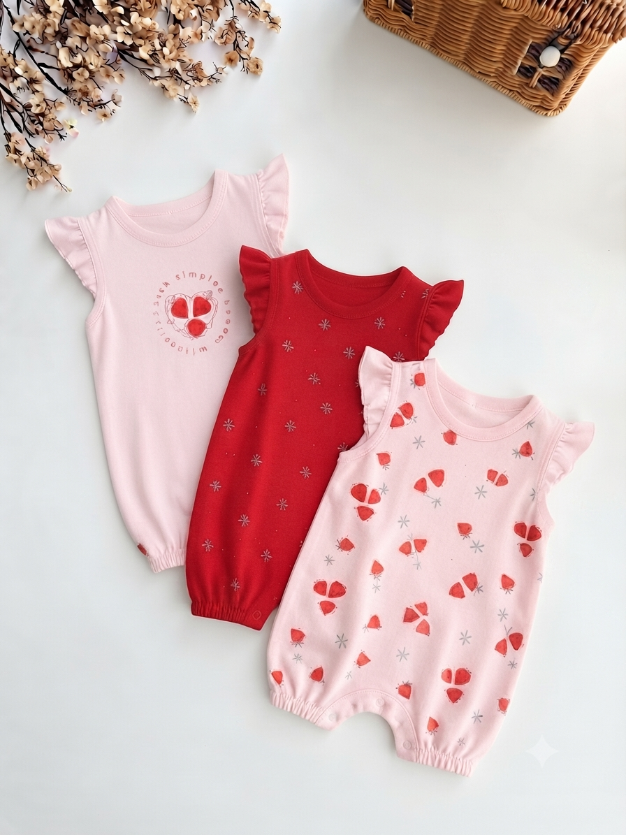 Lot de 3 Barboteuses Bébé Fille Fraise- Pur Coton Respirant