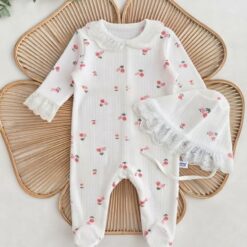 Grenouillère douceur en dentelle coton bio bonnet offert : Blanc