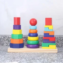 Tour arc-en-ciel 3 piliers en bois formes géométriques Montessori enfant dès 18 mois