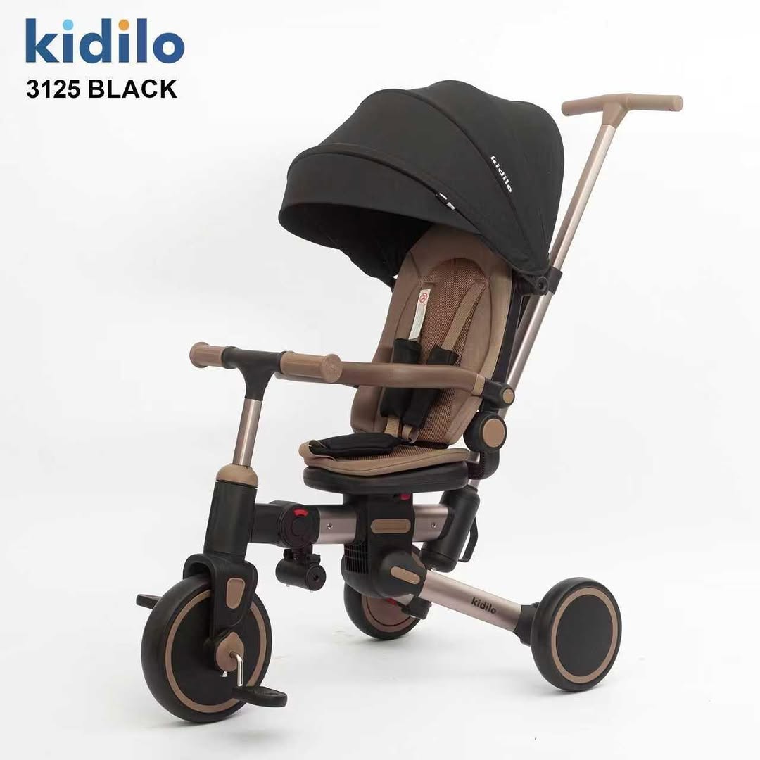 Tricycle enfant Kidilo 3125 camel marron – 3 roues pousseur parental siège rembourré