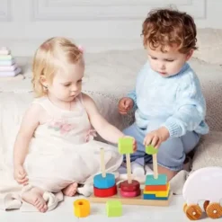 Tour arc-en-ciel 3 piliers en bois formes géométriques Montessori enfant dès 18 mois