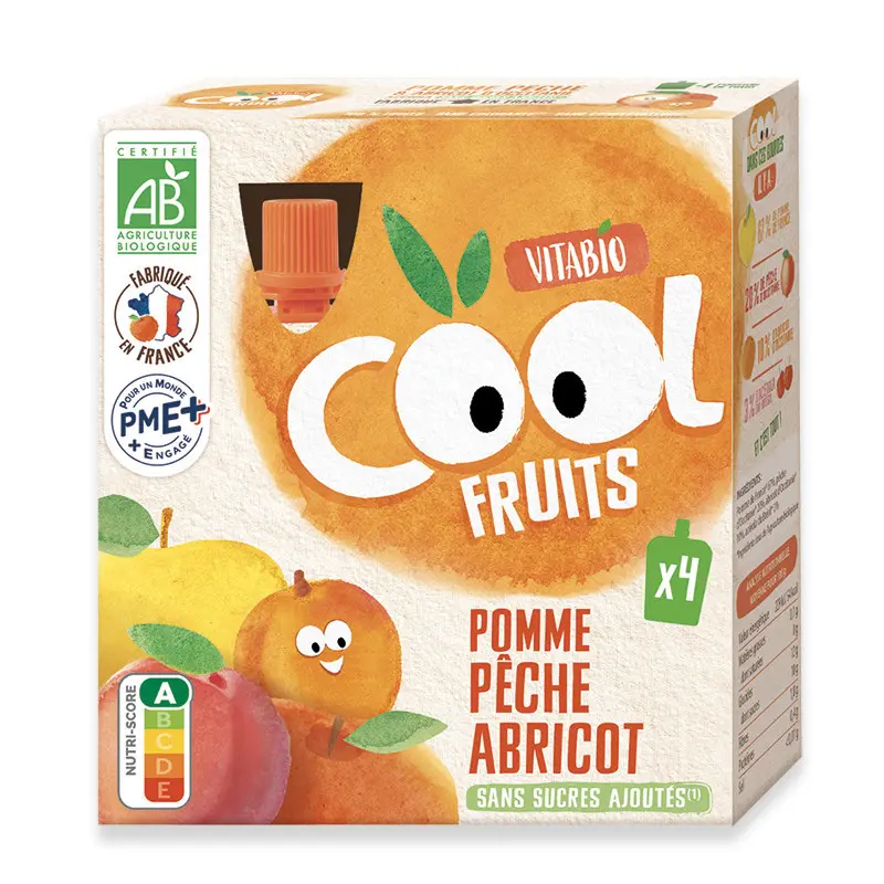 Vitabio Cool – Gourdes Fruits Pomme Pêche Abricot (4 × 90 g)