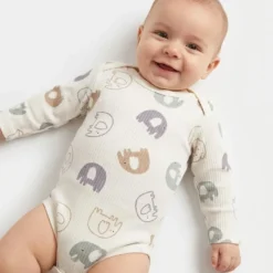 Body bébé manches longues Petit Éléphant coton côtelé blanc motif éléphants pastel unisexe Allobebe Maroc