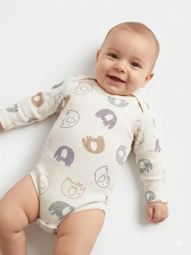 Body bébé manches longues Petit Éléphant coton côtelé blanc motif éléphants pastel unisexe Allobebe Maroc