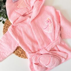 Peignoir à capuche Baby dino Rose + Pantoufle - Bebekevi