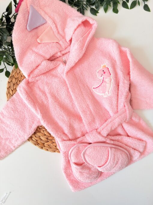 Peignoir à capuche Baby dino Rose + Pantoufle - Bebekevi