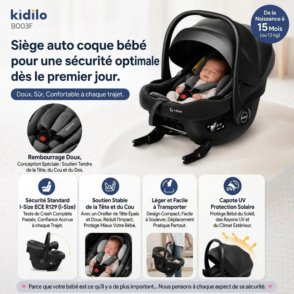 Coque Kidilo B003F Black i-Size ISOFIX rembourrage tête cou harnais 3 points