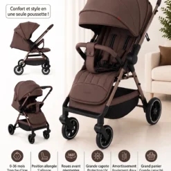 Poussette Kidilo M9 Camel – dossier inclinable position couchée roues 360° pliage compact