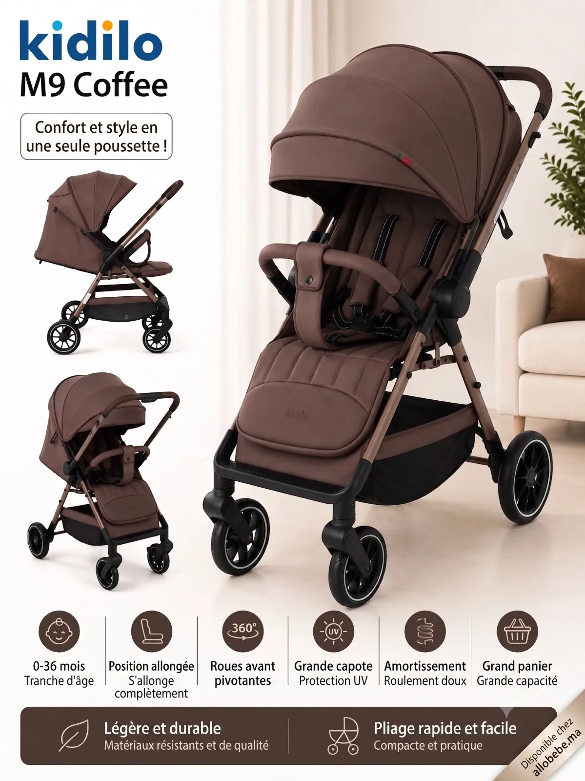 Poussette Kidilo M9 Camel – dossier inclinable position couchée roues 360° pliage compact