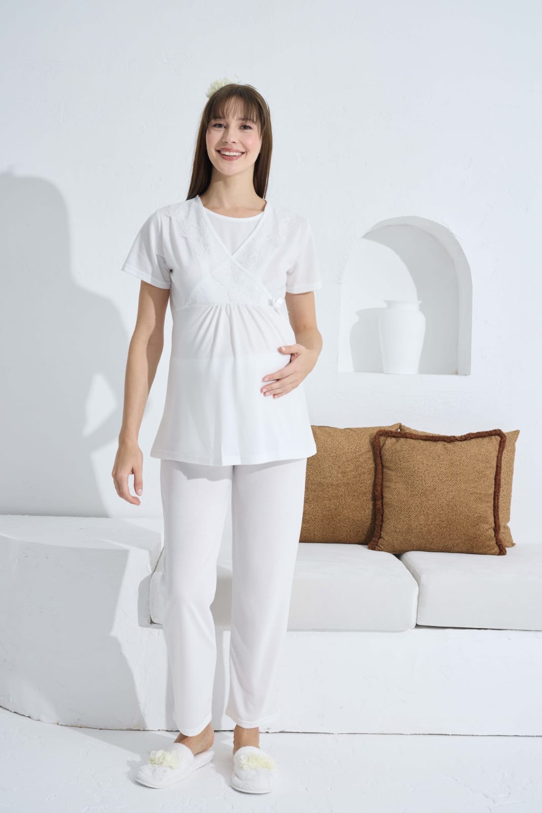 Pyjama grossesse et allaitement manches courtes blanc - Allobebe Maroc