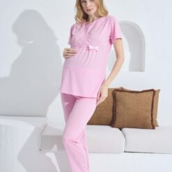 Pyjama grossesse et allaitement manches courtes rose