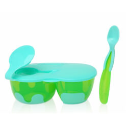 Bol Double Antidérapant Avec Couvercle Et Cuillère En Bleu Et Vert 6M+Kiokids