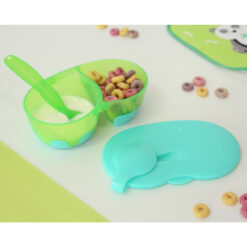 Bol Double Antidérapant Avec Couvercle Et Cuillère En Bleu Et Vert 6M+Kiokids