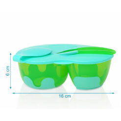 Bol Double Antidérapant Avec Couvercle Et Cuillère En Bleu Et Vert 6M+Kiokids